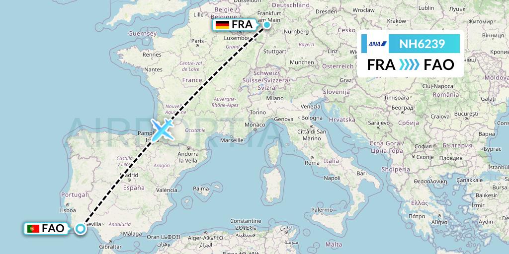 NH6239 All Nippon Airways Flight Map: Frankfurt to Faro