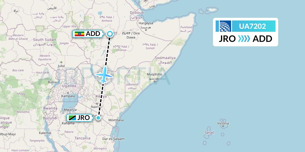UA7202 United Airlines Flight Map: Kilimanjaro to Addis Ababa