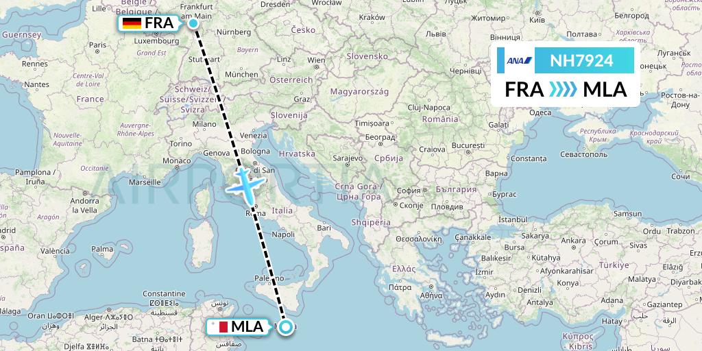 NH7924 All Nippon Airways Flight Map: Frankfurt to Malta