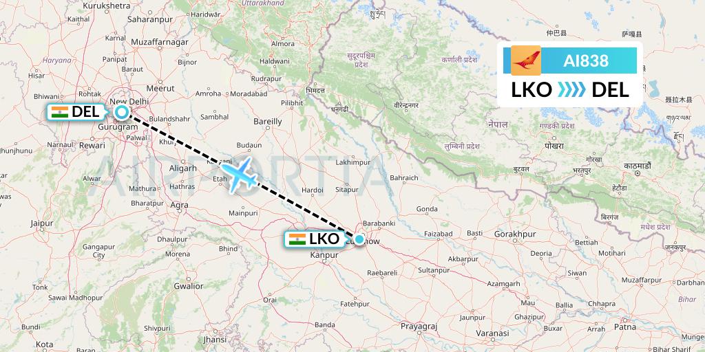 AI838 Air India Flight Map: Lucknow to Delhi