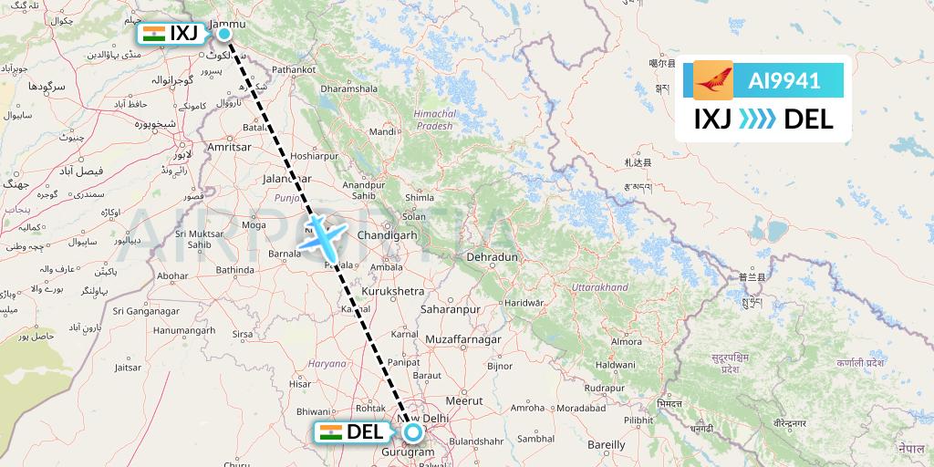 AI9941 Air India Flight Map: Jammu to Delhi