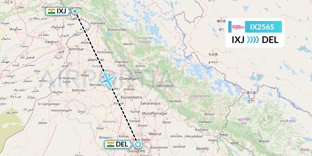 IX2565 Air India Express Flight Map: Jammu to Delhi