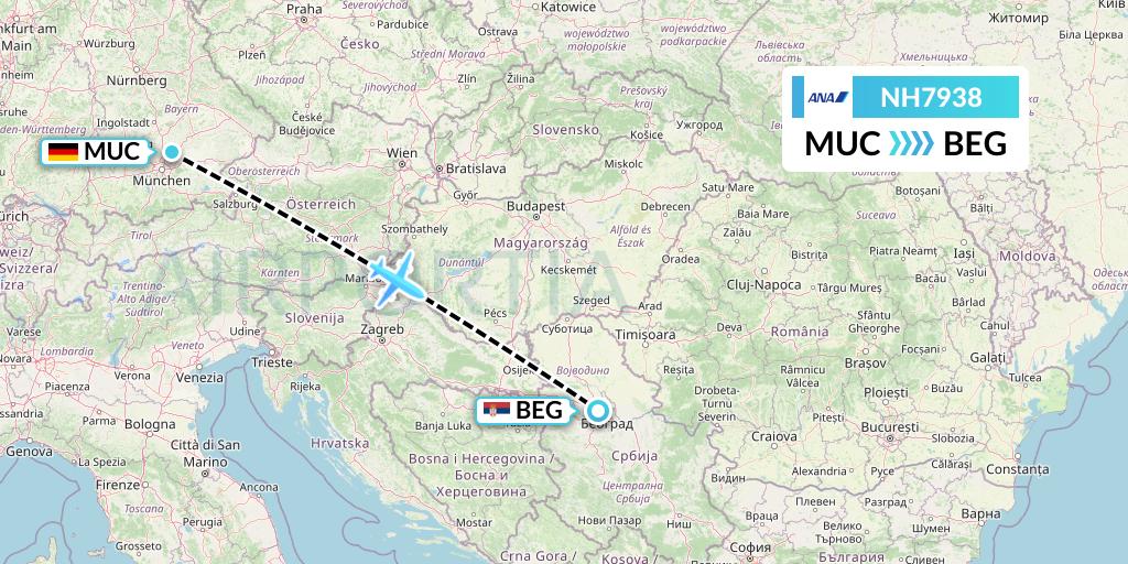 NH7938 All Nippon Airways Flight Map: Munich to Belgrade