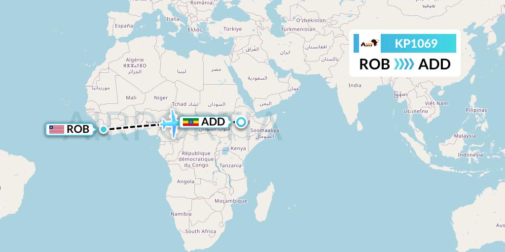 KP1069 ASKY Flight Map: Monrovia to Addis Ababa