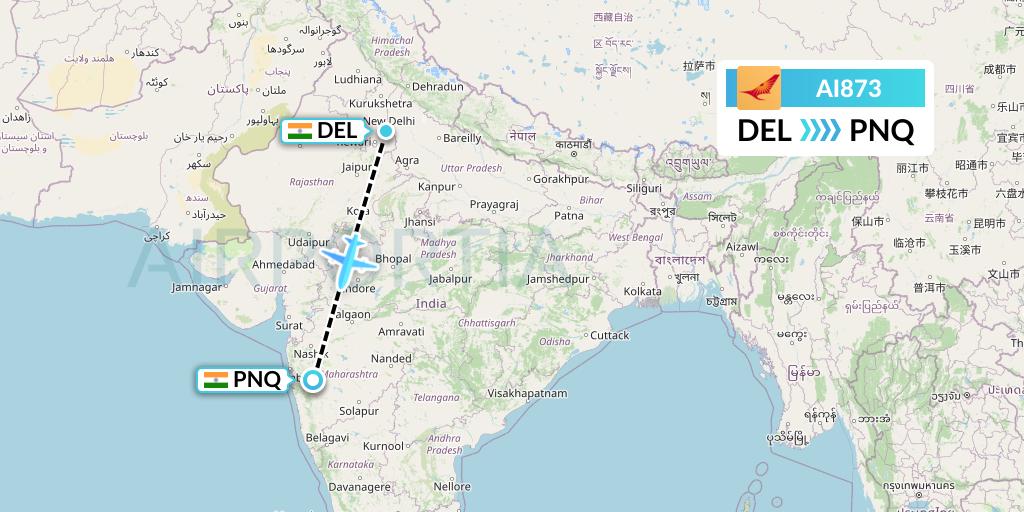 AI873 Air India Flight Map: Delhi to Pune