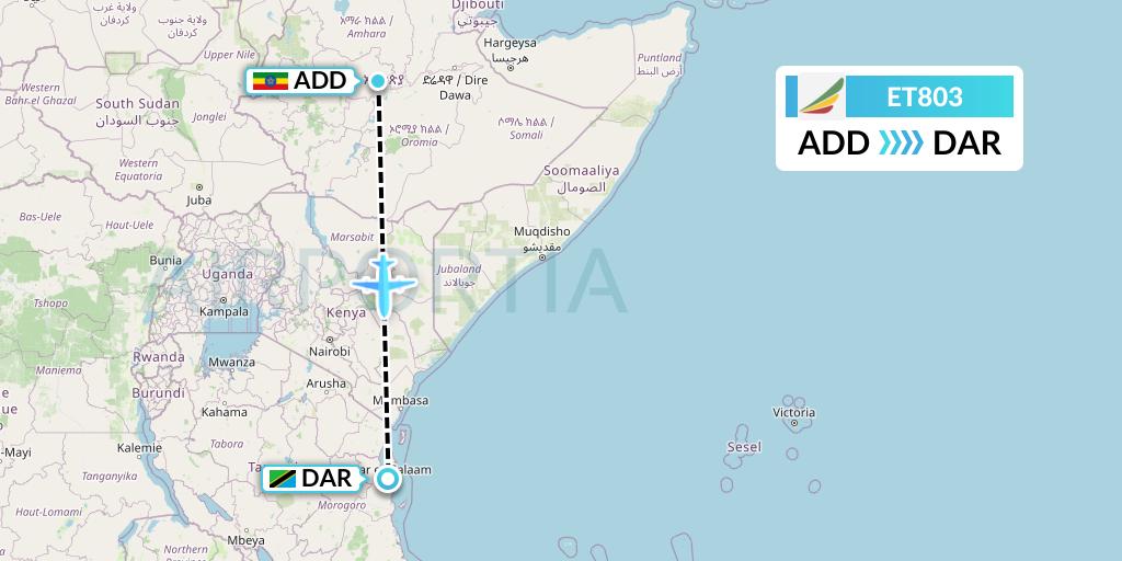 ET803 Ethiopian Airlines Flight Map: Addis Ababa to Dar-es-Salaam