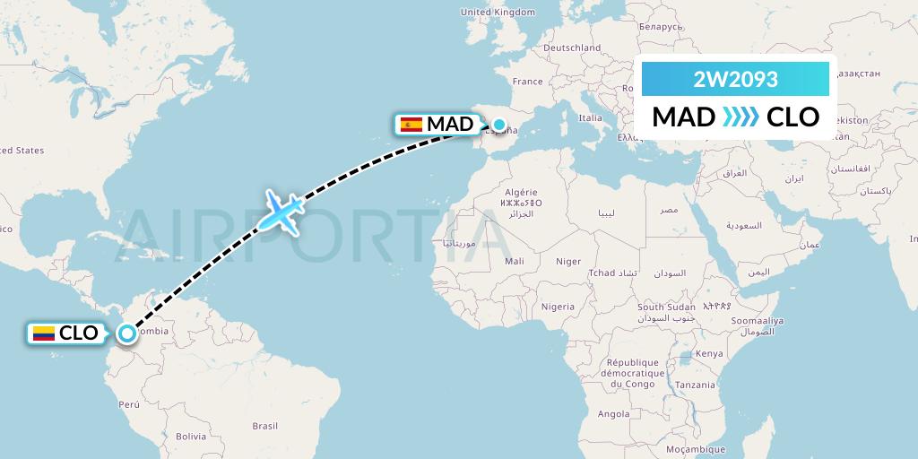 2W2093 World 2 Fly Flight Map: Madrid to Cali