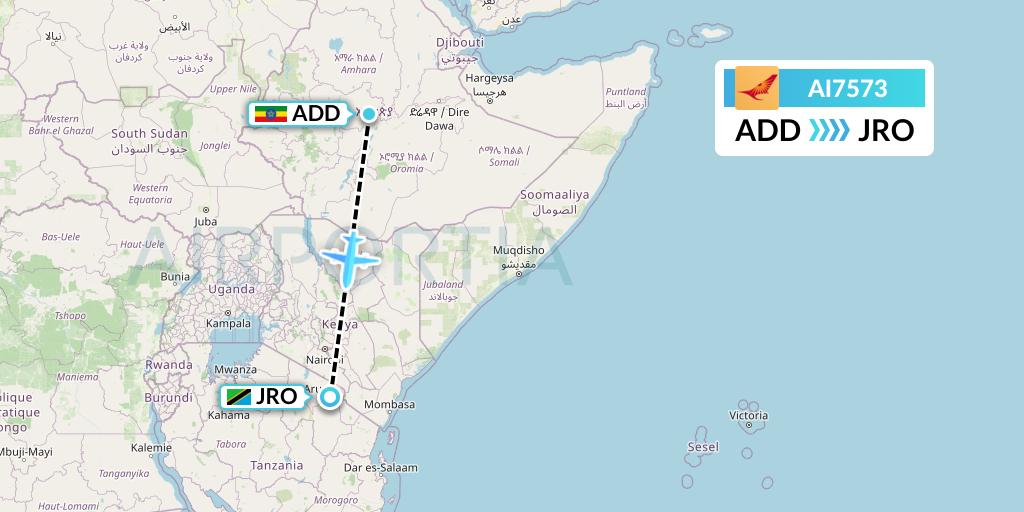 AI7573 Air India Flight Map: Addis Ababa to Kilimanjaro