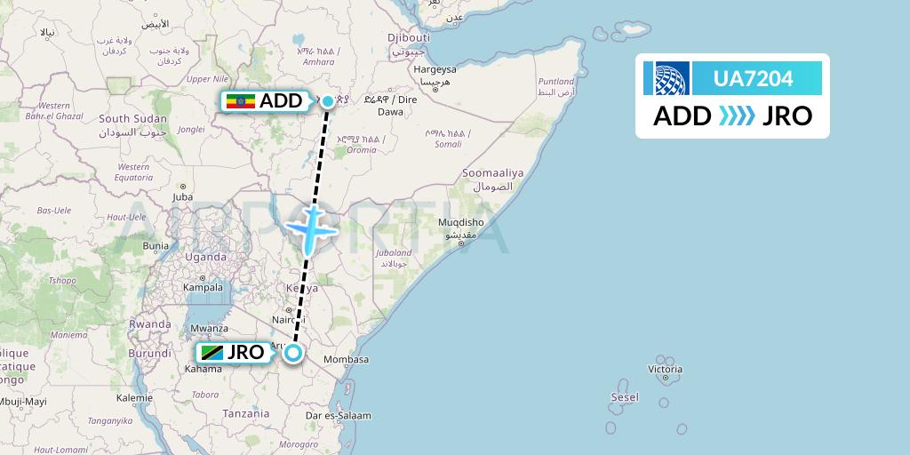 UA7204 United Airlines Flight Map: Addis Ababa to Kilimanjaro