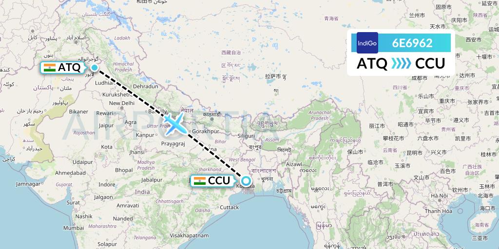 6E6962 IndiGo Airlines Flight Map: Amritsar to Kolkata