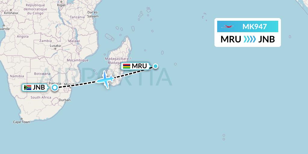 MK947 Air Mauritius Flight Map: Port Louis to Johannesburg