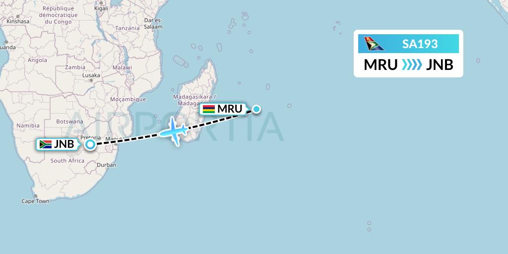 SA193 South African Airways Flight Map: Port Louis to Johannesburg