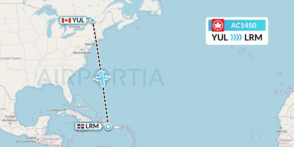 AC1450 Air Canada Flight Map: Montreal to La Romana