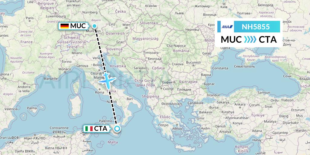 NH5855 All Nippon Airways Flight Map: Munich to Catania