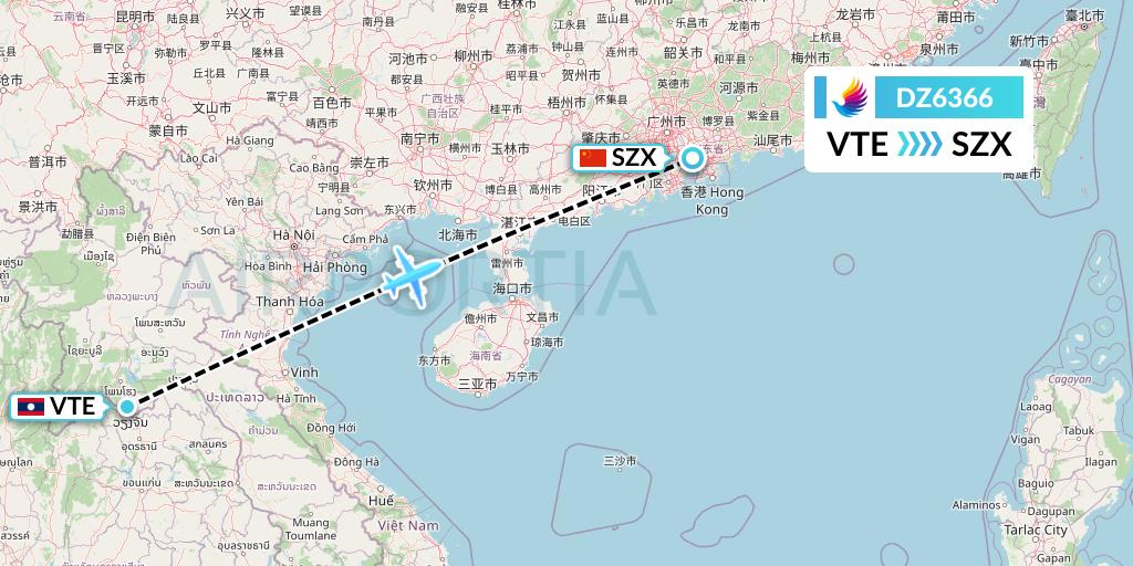 DZ6366 Donghai Airlines Flight Map: Vientiane to Shenzhen