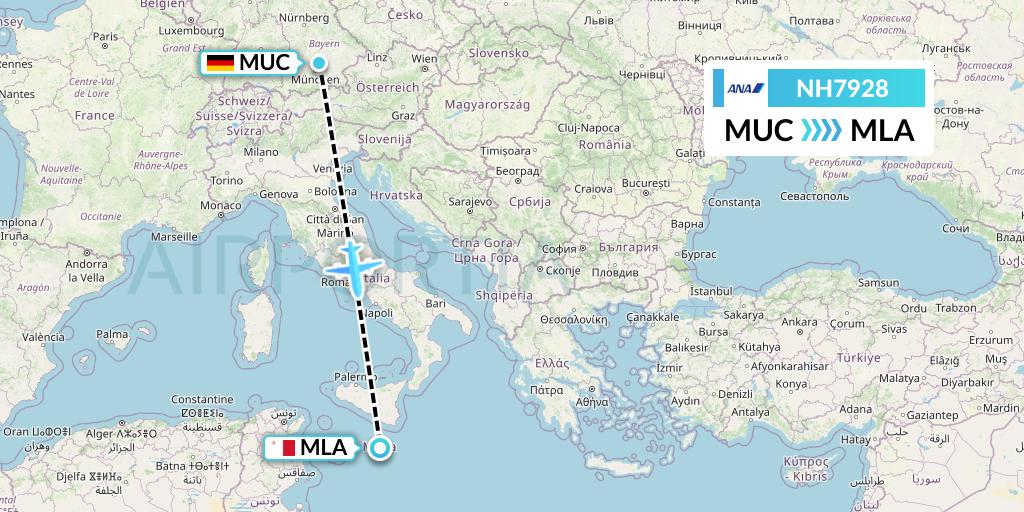 NH7928 All Nippon Airways Flight Map: Munich to Malta