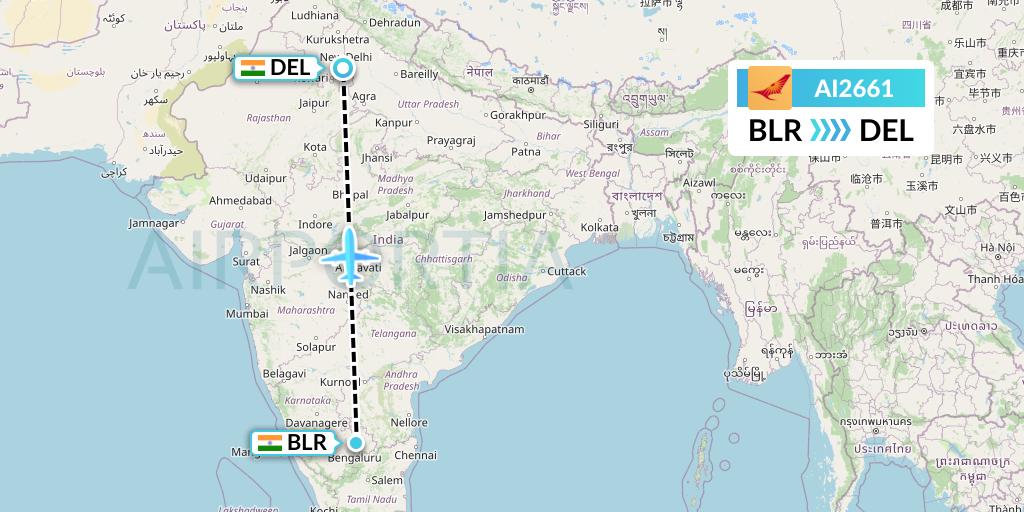 AI2661 Air India Flight Map: Bangalore to Delhi