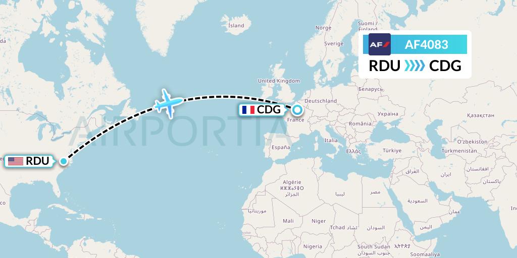 AF4083 Air France Flight Map: Raleigh-Durham to Paris
