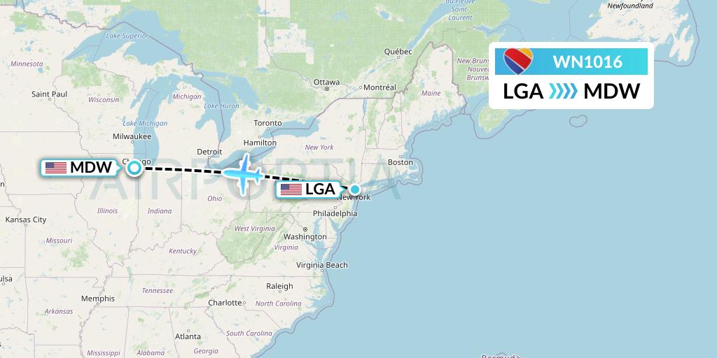 WN1016 Southwest Airlines Flight Map: New York to Chicago