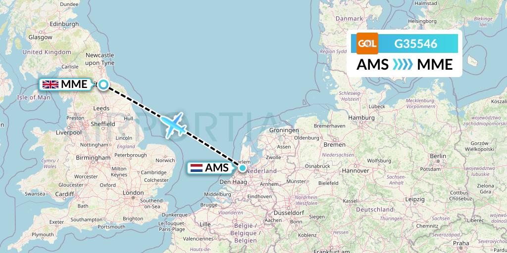 G35546 GOL Transportes Aeros Flight Map: Amsterdam to Darlington