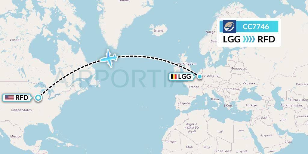 CC7746 CM Airlines Flight Map: Liege to Chicago