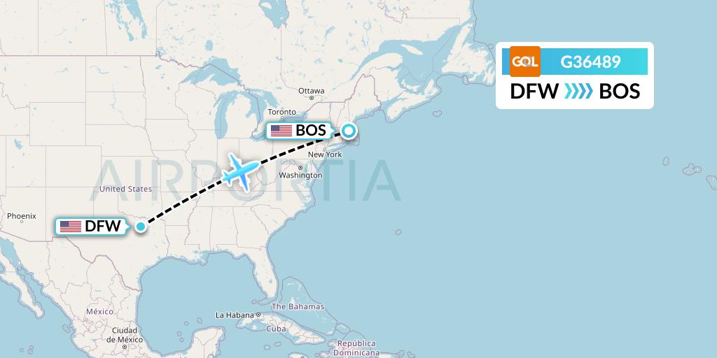 G36489 GOL Transportes Aeros Flight Map: Dallas to Boston