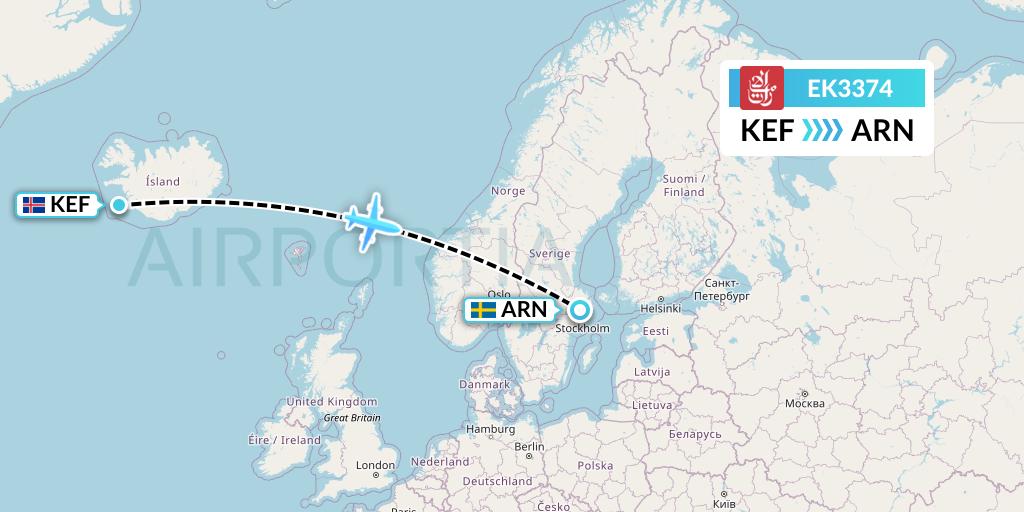 EK3374 Emirates Flight Map: Reykjavik to Stockholm