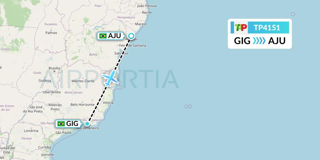 TP4151 TAP Portugal Flight Map: Rio de Janeiro to Aracaju