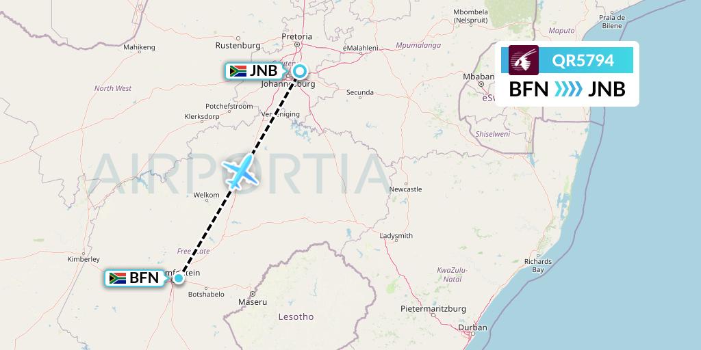 QR5794 Qatar Airways Flight Map: Bloemfontein to Johannesburg