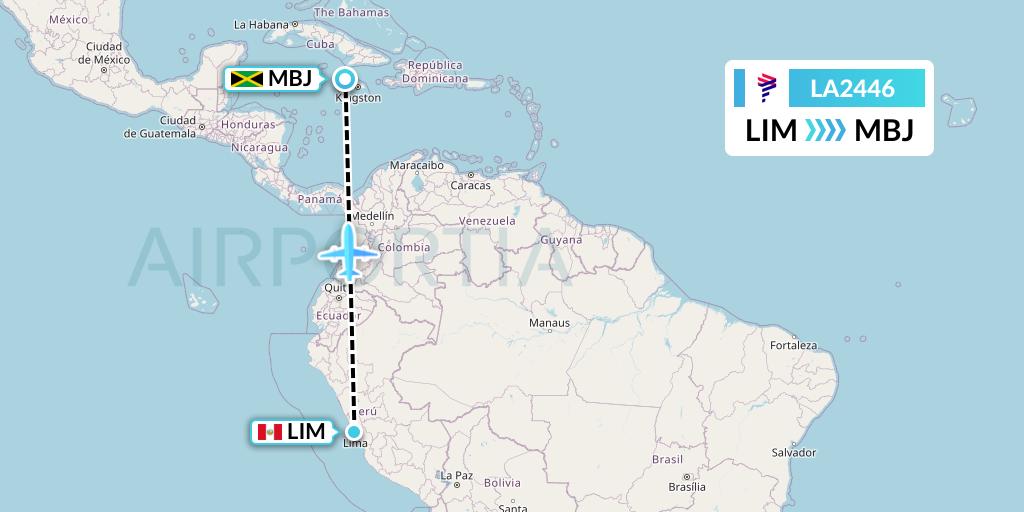 LA2446 LAN Airlines Flight Map: Lima to Montego Bay