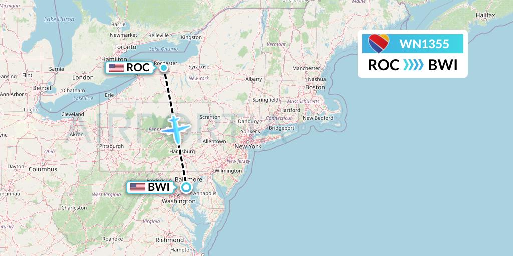 WN1355 Southwest Airlines Flight Map: Rochester to Baltimore
