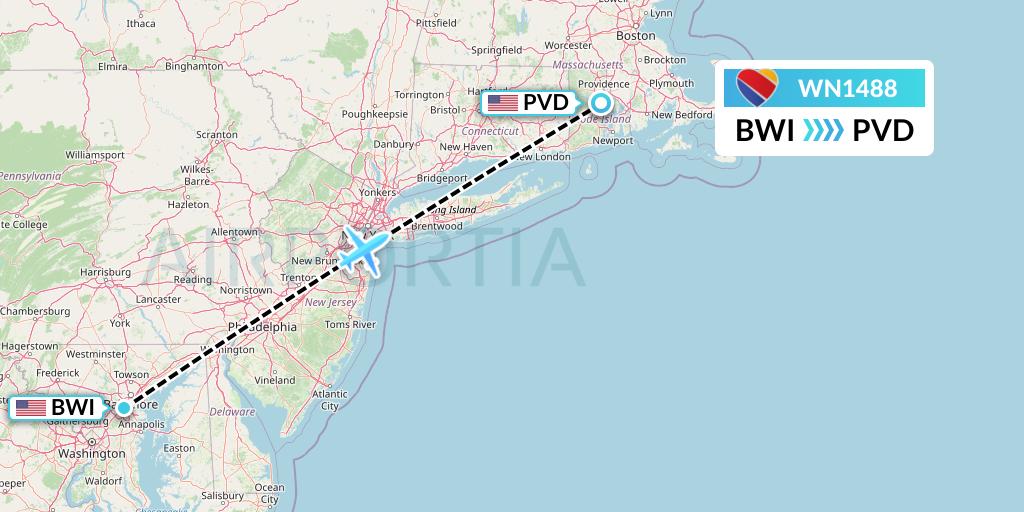WN1488 Southwest Airlines Flight Map: Baltimore to Providence