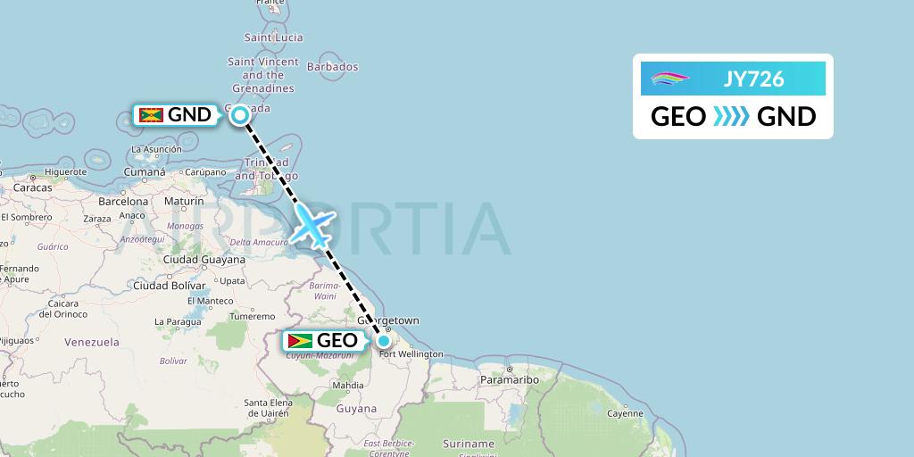 JY726 InterCaribbean Airways Flight Map: Georgetown to Point Salines