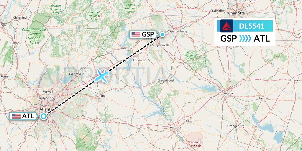 DL5541 Delta Air Lines Flight Map: Greenville-Spartanburg to Atlanta