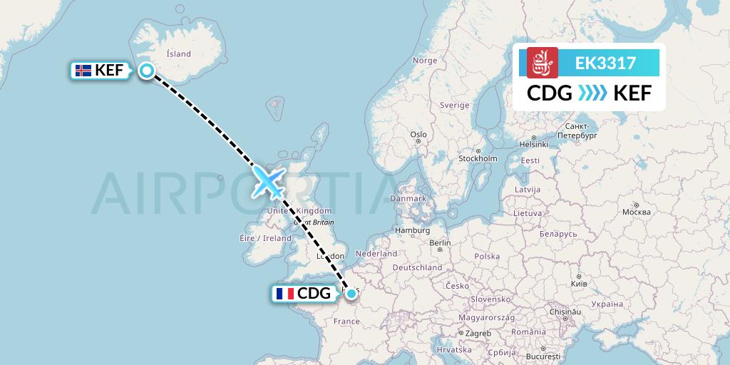 EK3317 Emirates Flight Map: Paris to Reykjavik