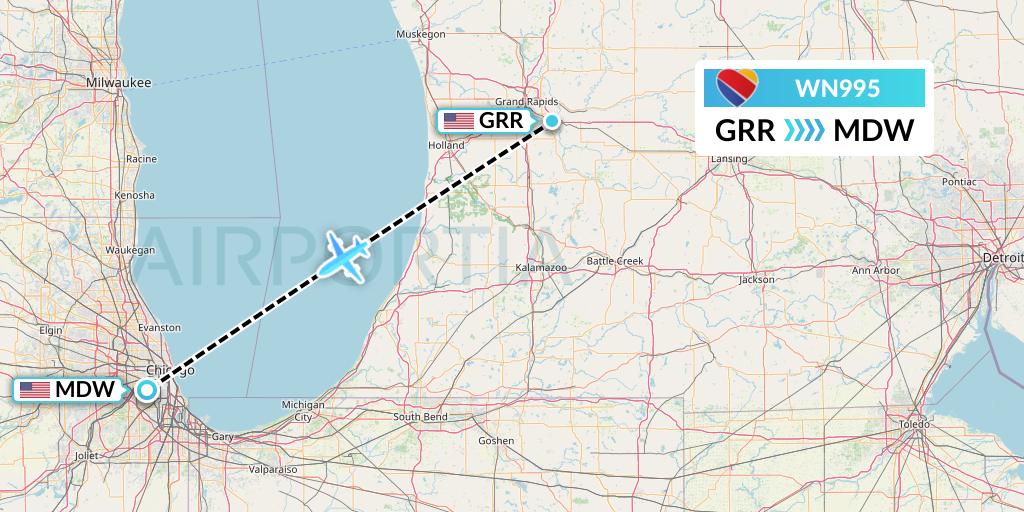 WN995 Southwest Airlines Flight Map: Grand Rapids to Chicago
