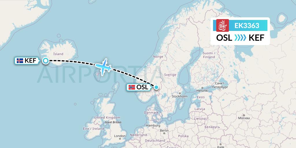 EK3363 Emirates Flight Map: Oslo to Reykjavik