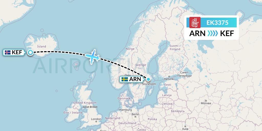 EK3375 Emirates Flight Map: Stockholm to Reykjavik