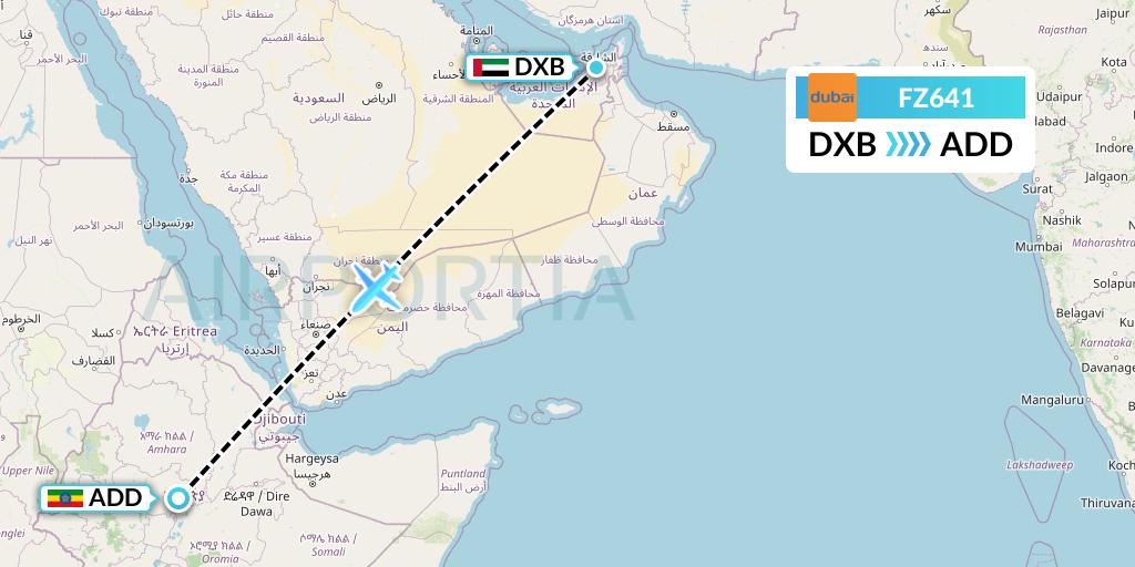 FZ641 FlyDubai Flight Map: Dubai to Addis Ababa