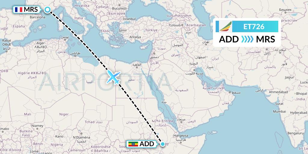 ET726 Ethiopian Airlines Flight Map: Addis Ababa to Marseille