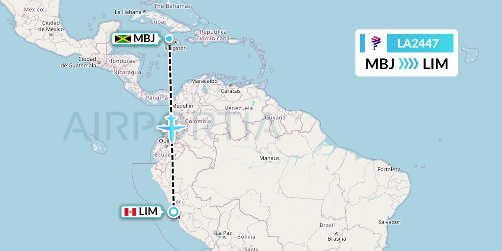 LA2447 LAN Airlines Flight Map: Montego Bay to Lima