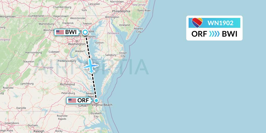 WN1902 Southwest Airlines Flight Map: Norfolk to Baltimore