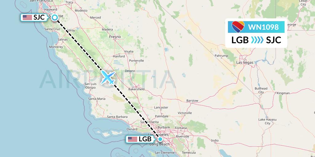 WN1098 Southwest Airlines Flight Map: Long Beach to San Jose