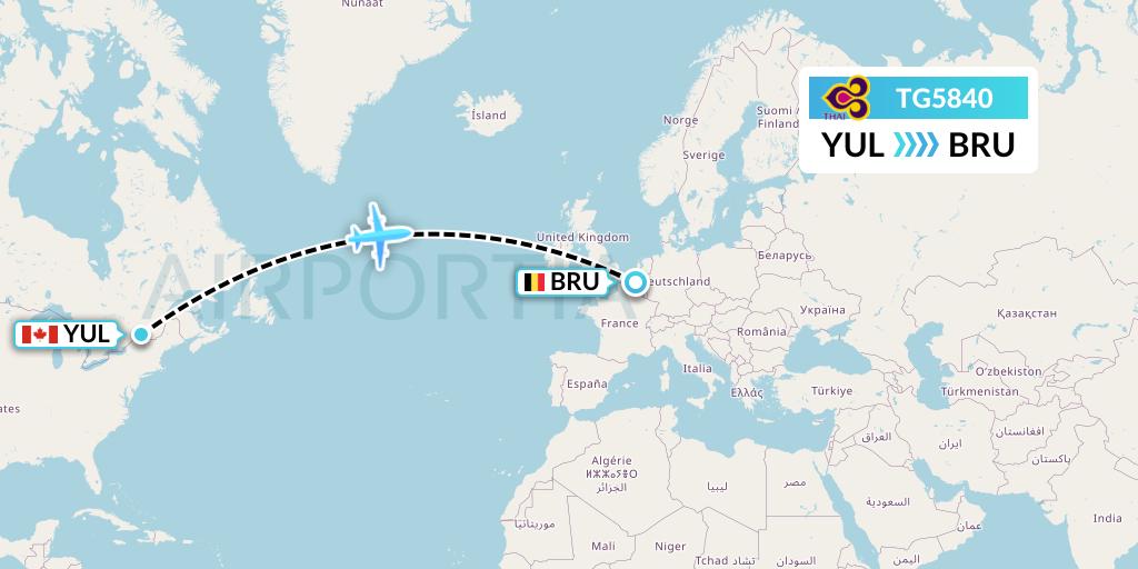TG5840 Thai Airways Flight Map: Montreal to Brussels