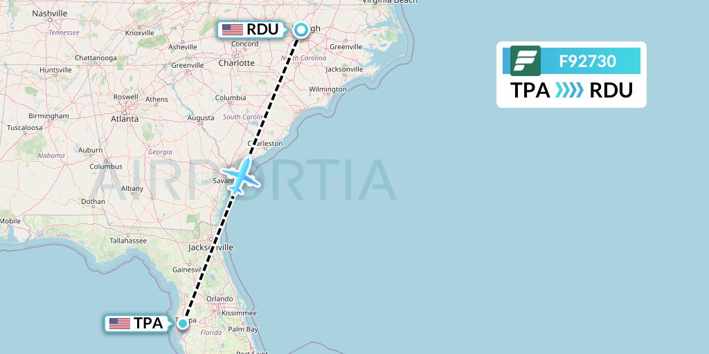 F92730 Frontier Airlines Flight Map: Tampa to Raleigh-Durham