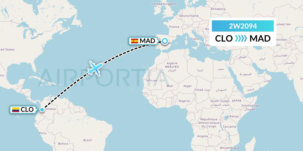 2W2094 World 2 Fly Flight Map: Cali to Madrid