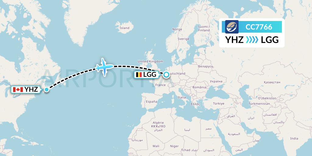 CC7766 CM Airlines Flight Map: Halifax to Liege
