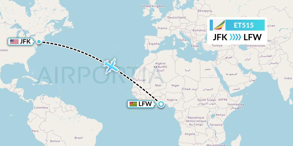 ET515 Ethiopian Airlines Flight Map: New York to Lome