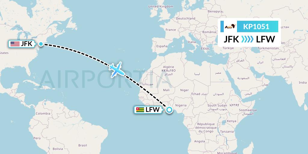 KP1051 ASKY Flight Map: New York to Lome