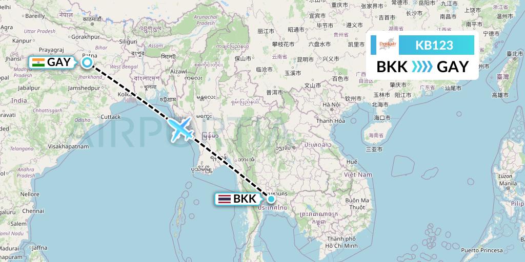 KB123 Druk Air Flight Map: Bangkok to Gaya